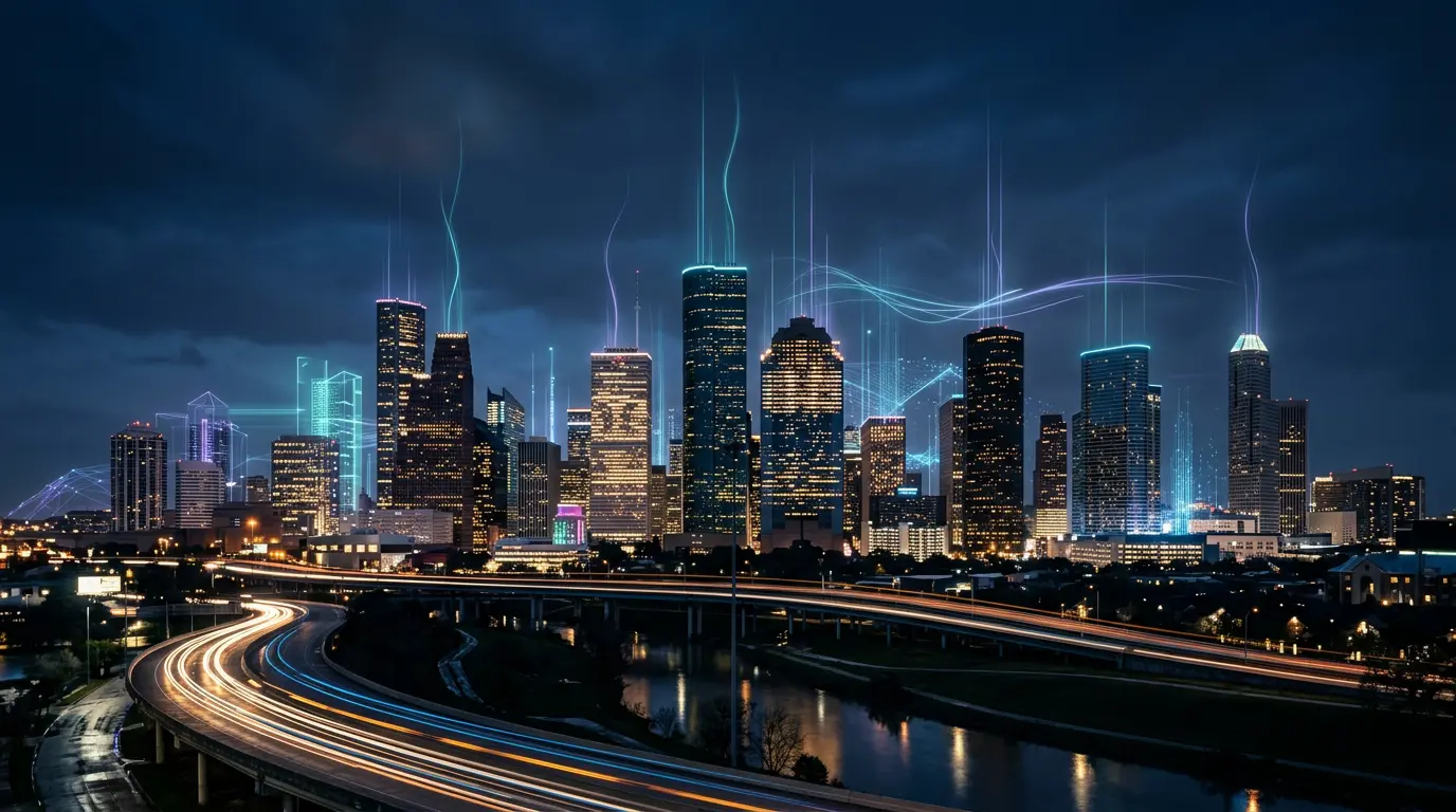 Houston, Texas downtown skyline at night with glowing data lines rising above the buildings