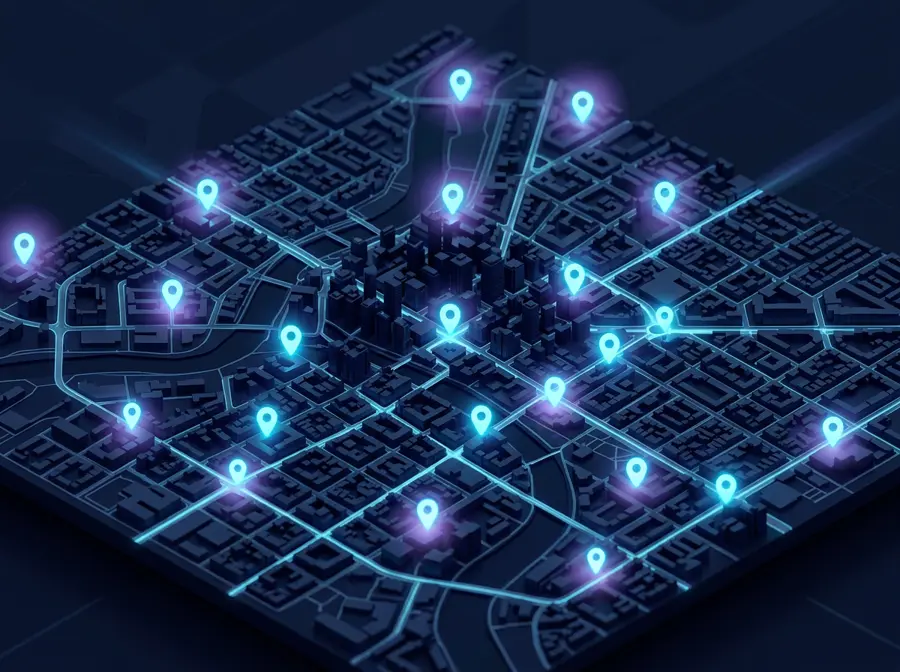 Illustrated 3D city map with glowing location pins representing local search visibility across Houston neighborhoods