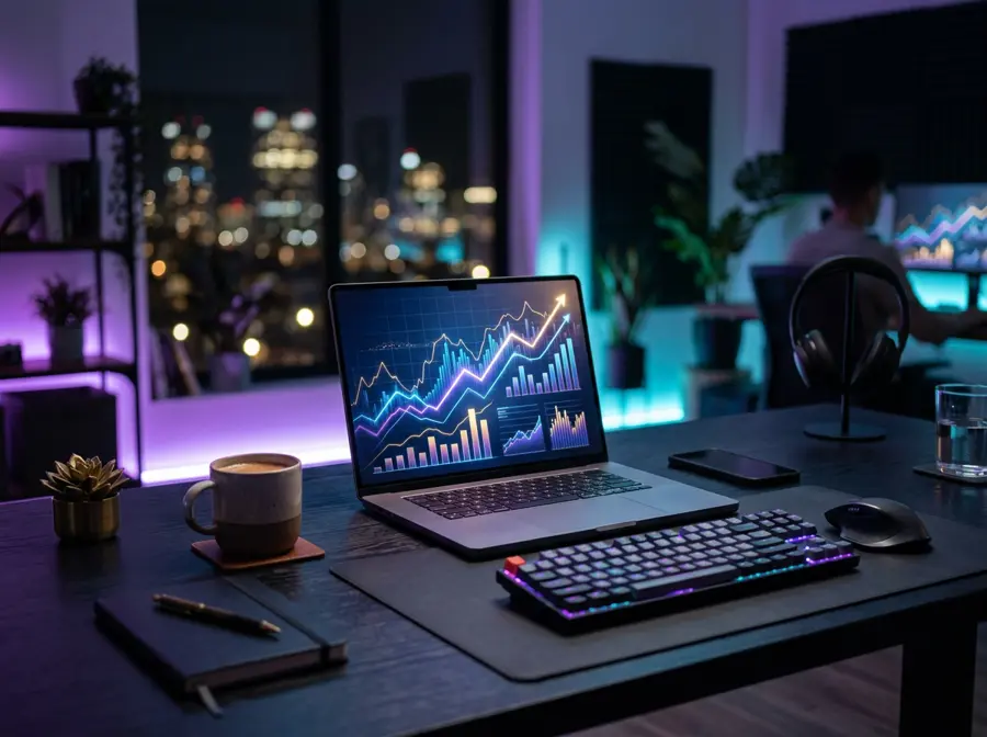 Laptop displaying marketing analytics charts on a desk lit with soft purple and cyan light, representing content strategy planning